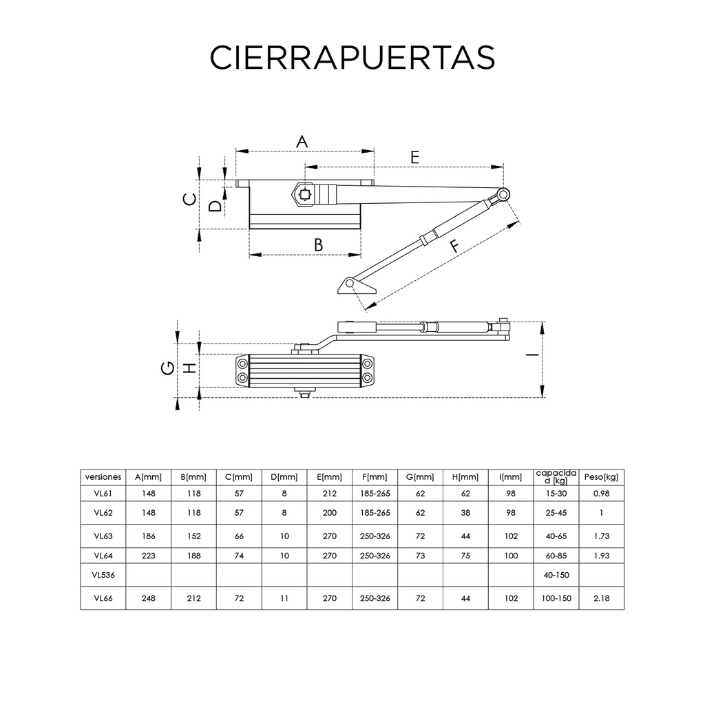 Brazo Gato Hidraulico Cierra Puerta Aéreo Visalock VL66 100-150Kg