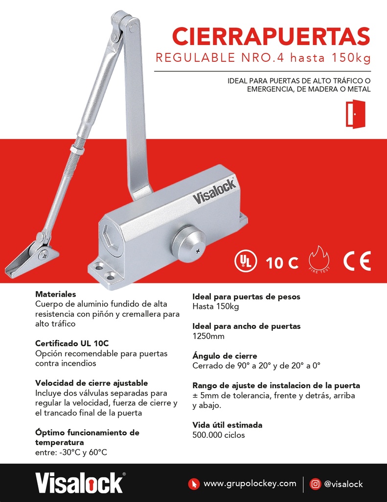 Brazo Gato Hidraulico Cierra Puerta Aéreo Visalock VL66 100-150Kg